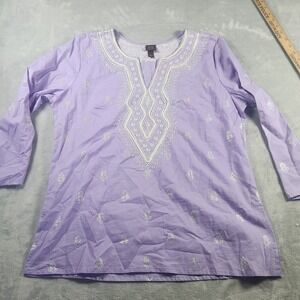 BOO GEMES Purple‎ Ikat Cotton Long Sleeve  Embroidered Cover-Up Tunic Top L